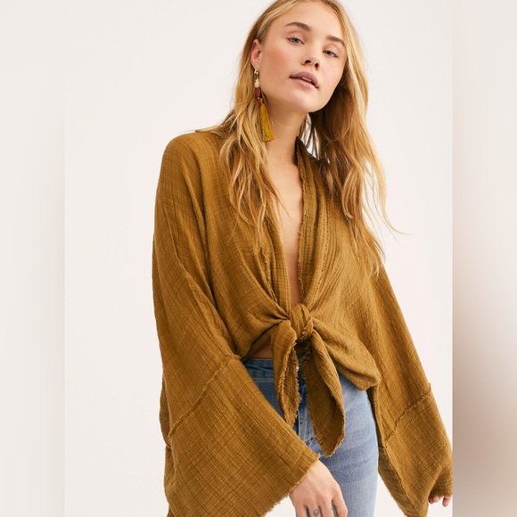 Free People FP One Azalea Kimono - Crinkly Boho Cream Blouse - Bohemian Top - Picture 4 of 13